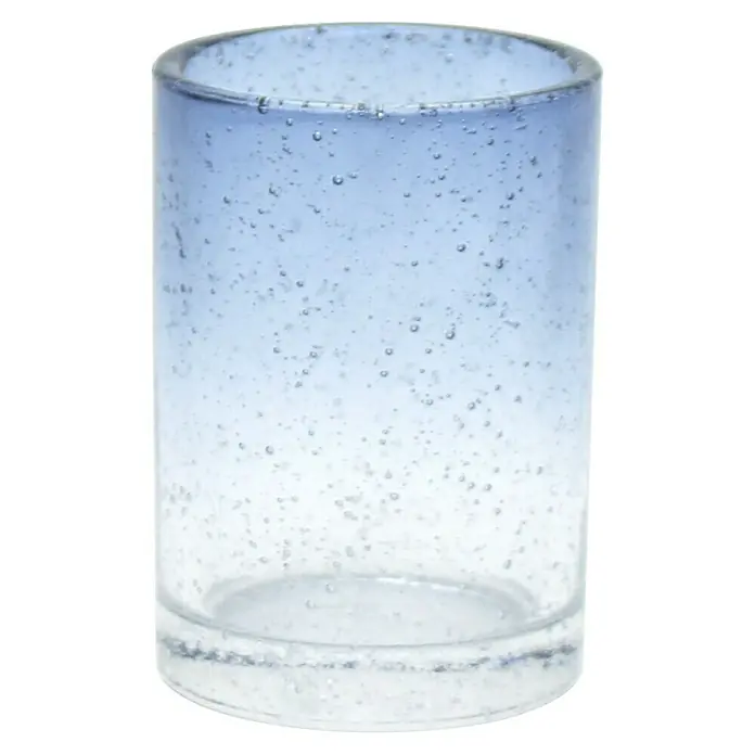 Aquasanit Elba Portacepillos - L x An x Al: 73 x 73 x 103 cm, Vidrio - Un portavelas cilíndrico con un degradado de azul a transparente, adornado con pequeñas burbujas. El recipiente de vidrio tiene una base gruesa.