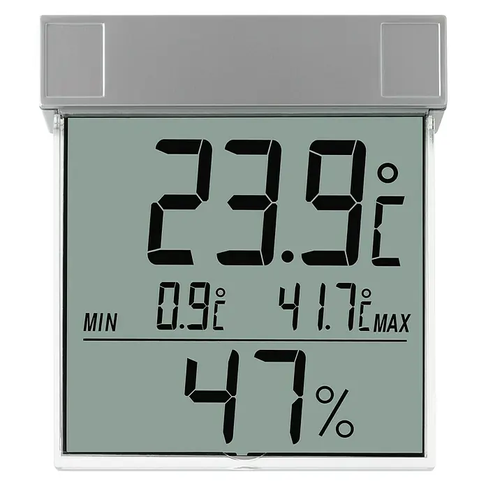 TFA Dostmann Funkthermometer Vision - Digital, L x B x H: 97 x 22 x 105 mm, Silber - Das Bild zeigt ein digitales Hygrometer mit Temperaturanzeige. Das Hygrometer misst 23.9°C, min 0.9°C, max 41.7°C und 47% Luftfeuchtigkeit.
