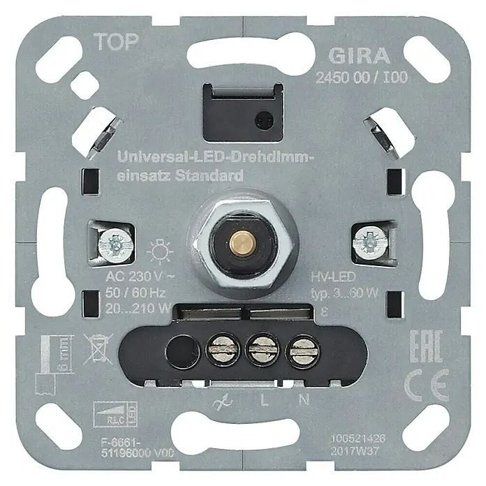 Gira Dimmer-Einsatz System 3000 245000 - 230 V - Gira Universal-LED-Drehdimmeinsatz Standard. Einbauelement für die Lichtsteuerung mit Leistungsangaben und Zertifizierungen.