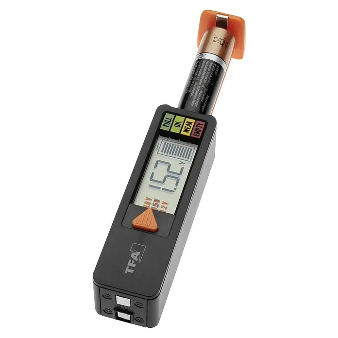 TFA Dostmann Batterietester BatteryCheck - Passend für: Batterien & Akkus (Typ AAA, AA, C, D); Knopfzellen (1,2V/1,5V/3V); Blockbatterien (9V) - Batterietester von TFA mit digitaler Anzeige und verschiedenen Testbereichen für Batterien. Das Gerät zeigt den Ladezustand genau an.