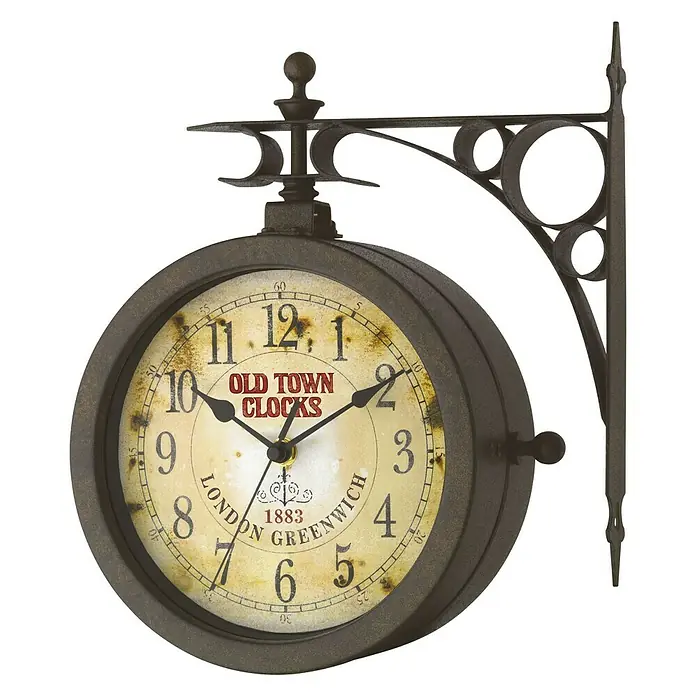 TFA Dostmann Wanduhr Old Town Clocks - Kupfer, 27 x 29,5 cm - Vintage-Bahnhofsuhr "Old Town Clocks" mit doppelseitigem Zifferblatt und dekorativer Halterung für den Innenbereich.