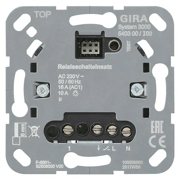 Gira Relais-Modul System 3000 540300 - 16 A, Unterputzmontage - Nahaufnahme eines GIRA System 3000 Relaisschalteinsatzes 5403 00/100, der die technischen Details und Anschlüsse zeigt.