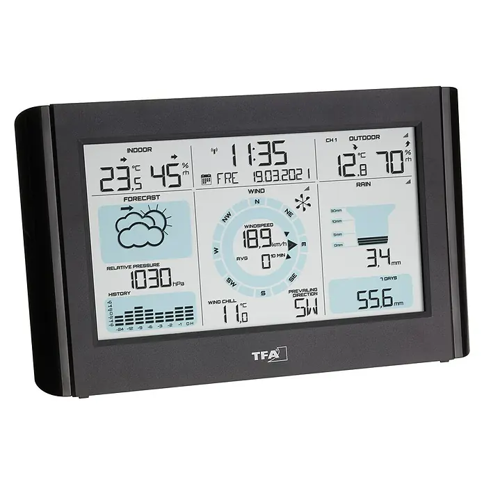 TFA Dostmann Funkwetterstation Weather pro - Batteriebetrieben, Schwarz, 226 x 30 x 138 mm - Wetterstation mit Anzeige von Innen- und Außentemperatur, Luftdruck, Windgeschwindigkeit und Niederschlag.