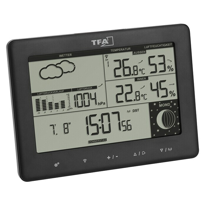 TFA Dostmann Funkwetterstation ElementsBatteriebetrieben, Schwarz, 158 x 26 x 119 mm Diagonal View