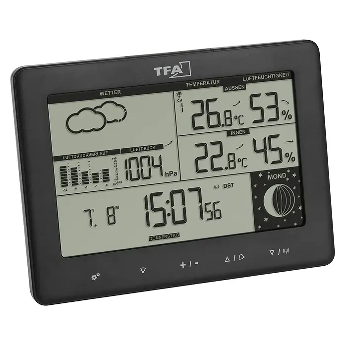 TFA Dostmann Funkwetterstation Elements - Batteriebetrieben, Schwarz, 158 x 26 x 119 mm - Das Bild zeigt eine TFA-Wetterstation mit Temperatur-, Luftfeuchtigkeits- und Luftdruckanzeige.