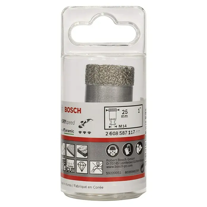 Bosch Broca diamantada para perforación en seco Dry Speed - Diámetro: 25 mm - Sierra de corona para cerámica Bosch DRYspeed en un embalaje transparente. La herramienta es ideal para perforar con precisión cerámica y azulejos.