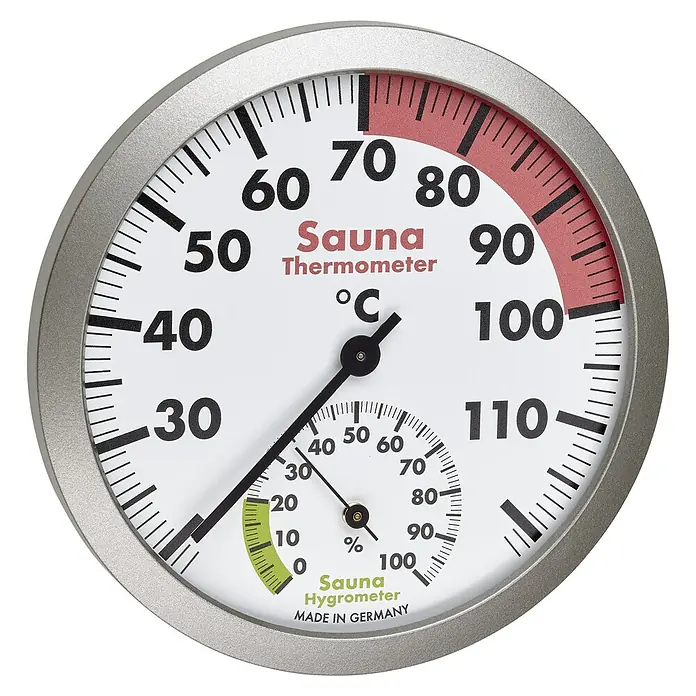 TFA Dostmann Thermo-Hygrometer Sauna - Breite: 37 mm - Sauna-Thermometer und Hygrometer-Kombination zur Messung von Temperatur und Luftfeuchtigkeit in Saunen, mit präzisen Anzeigen und deutscher Qualität.
