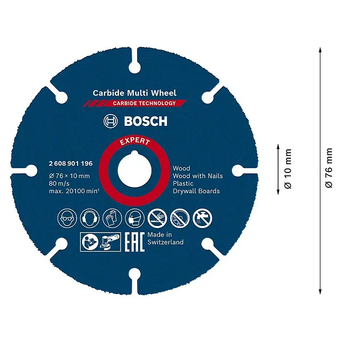 Bosch Expert Karbid-Trennscheibe - Durchmesser Scheibe: 76 mm, Geeignet für: Holz, 1 Stk. - Abbildung eines Bosch Carbide Multi Wheel Trennscheibe Expert mit den Maßen Ø 76 x 10 mm und technischen Daten.