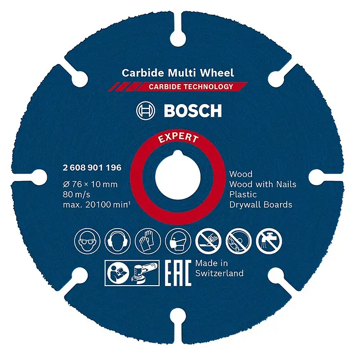 Bosch Expert Karbid-Trennscheibe - Durchmesser Scheibe: 76 mm, Geeignet für: Holz, 1 Stk. - Abbildung einer Bosch Carbide Multi Wheel Trennscheibe, geeignet zum Schneiden von Holz, Kunststoffen und Trockenbau.