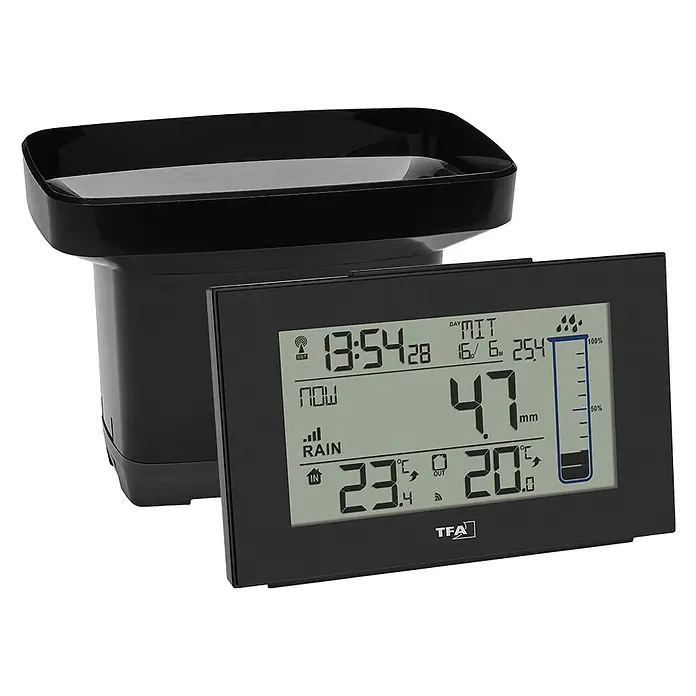 TFA Dostmann Regenmesser Splash Funk - Höhe: 96 mm - Wetterstation mit Anzeige für Regenmenge, Innen- und Außentemperatur. Kompaktes Design für präzise Messungen im Alltag.