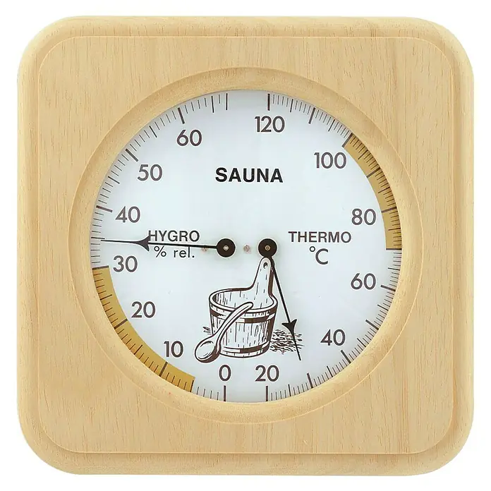 TFA Dostmann Thermo-Hygrometer Sauna - Breite: 34 mm - Sauna-Thermometer und Hygrometer in einem Holzrahmen. Das Messgerät zeigt Temperatur und Luftfeuchtigkeit in Saunen an.