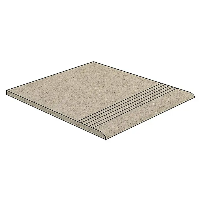 Stufen- & Abdeckplatte Cefalu - 30 x 30 cm, Grau, Matt - Beige Treppenstufe mit gerundeter Kante und rutschfesten Rillen. Ideal für den Innen- und Außenbereich.