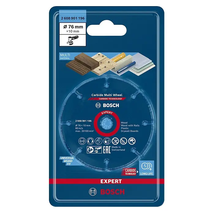Bosch Expert Karbid-Trennscheibe - Durchmesser Scheibe: 76 mm, Geeignet für: Holz, 1 Stk. - Abbildung einer Bosch Expert Carbide Multi Wheel Trennscheibe (Ø 76 mm) für verschiedene Materialien, einschließlich Holz, Kunststoff und Trockenbau.