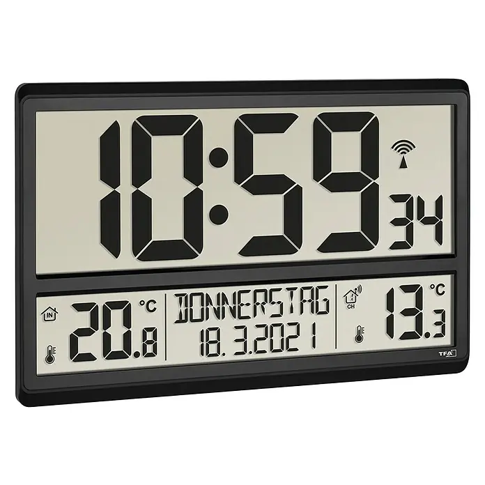 TFA Dostmann Digitale Funkuhr mit Temperaturanzeige - Schwarz, 36 x 2,8 x 23,5 cm - Digitale Wanduhr zeigt die Zeit 10:59, Datum 18.3.2021 und Temperatur an.