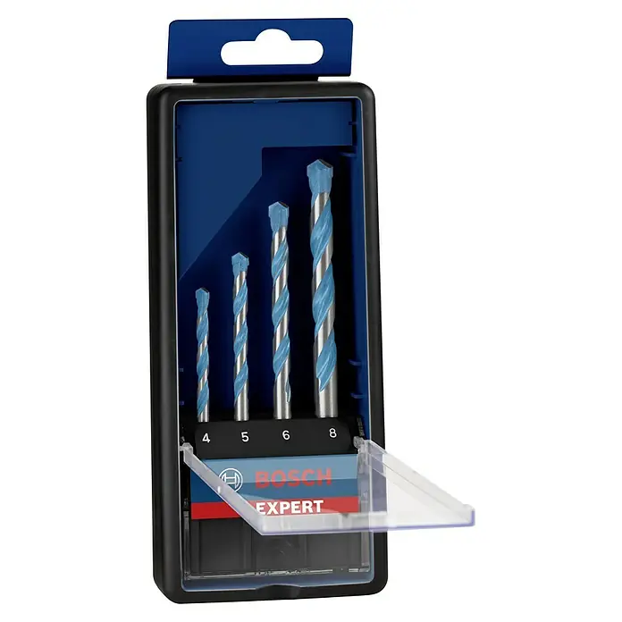 Bosch Expert Universalbohrer CYL-9 - Durchmesser Bohrer: 8 mm - Bosch Expert Fliesenbohrer-Set in einer blauen und schwarzen Verpackung mit durchsichtigem Deckel. Die Größen 4, 5, 6 und 8 mm sind enthalten.