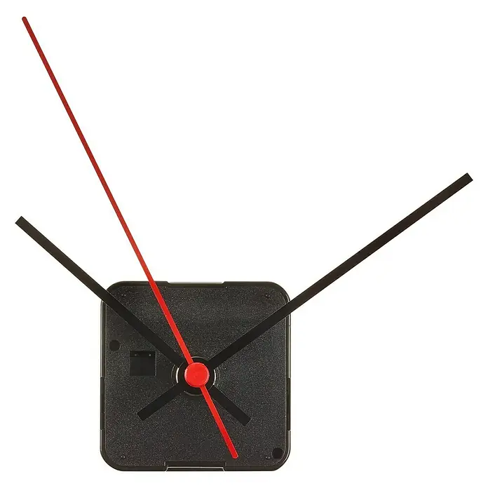 TFA Dostmann Quarzwanduhr - Schwarz - Nahaufnahme eines Uhrwerks mit roten und schwarzen Zeigern, isoliert auf schwarzem Hintergrund. Präzises Zeitmessgerät für DIY-Uhrenprojekte.