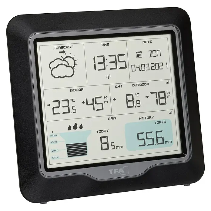 TFA Dostmann Funkwetterstation Rain pro - Batteriebetrieben, Schwarz, 174 x 33 x 162 mm - Wetterstation mit Anzeige von Vorhersage, Zeit, Datum, Innen- und Außentemperatur, Luftfeuchtigkeit und Niederschlagsmenge.