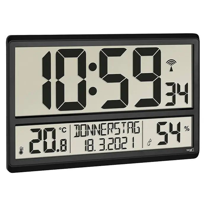 TFA Dostmann Digitale Funkuhr mit Raumklima - Schwarz, 36 x 2,8 x 23,5 cm - Digitaluhr mit Anzeige von Uhrzeit, Datum, Temperatur und Luftfeuchtigkeit.