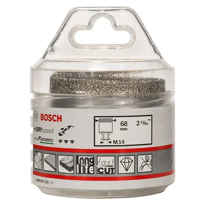 Bosch Broca diamantada para perforación en seco Dry Speed - Diámetro: 68 mm - En la imagen, una broca Bosch DRYspeed para cerámica de 68mm, empaquetada en plástico transparente.