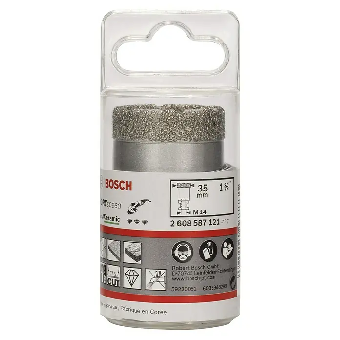 Bosch Broca diamantada para perforación en seco Dry Speed - Diámetro: 35 mm - Primer plano de una sierra perforadora de cerámica Bosch Dry Speed en su embalaje transparente, destacando detalles y especificaciones.