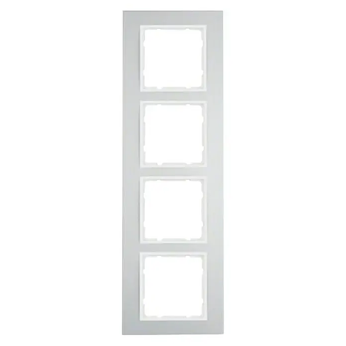 Berker B.3 Abdeckrahmen 10143904 - Alu/Polarweiß, 4-fach, Aluminium - Graue Innentür mit vier quadratischen Ausschnitten, die ein modernes Design für Ihr Zuhause bietet.