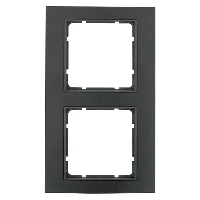 Berker B.3 Abdeckrahmen 10123005 - Schwarz/Anthrazit, 2-fach, Aluminium - Eine schwarze Doppel-Schalterabdeckung, perfekt für moderne Innenräume. Die rechteckige Blende bietet Platz für zwei Schalter.