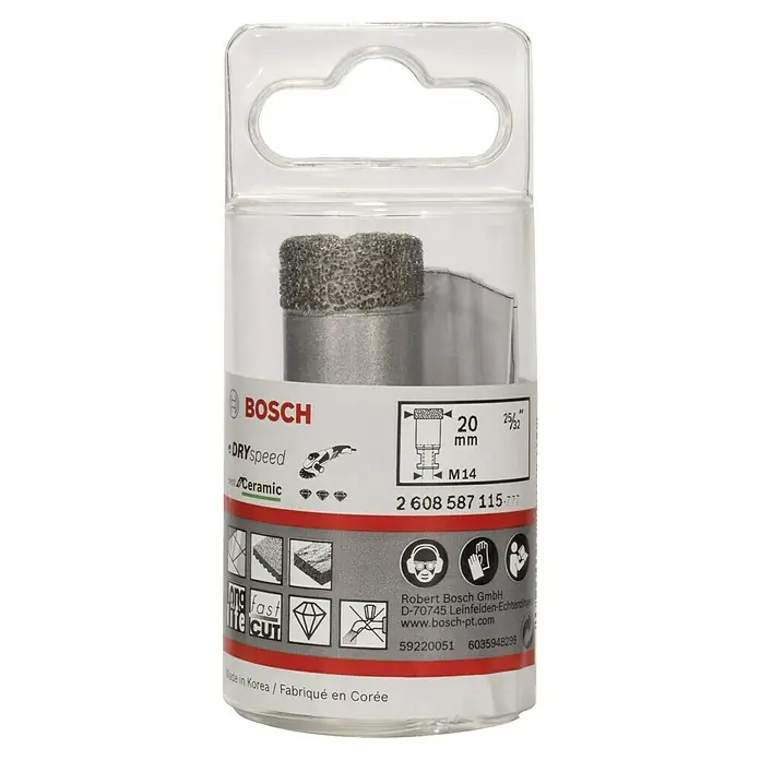 Bosch Broca diamantada para perforación en seco Dry Speed - Diámetro: 20 mm - Imagen de una broca de diamante Bosch Dry Speed en un embalaje transparente. Ideal para taladrar cerámica.