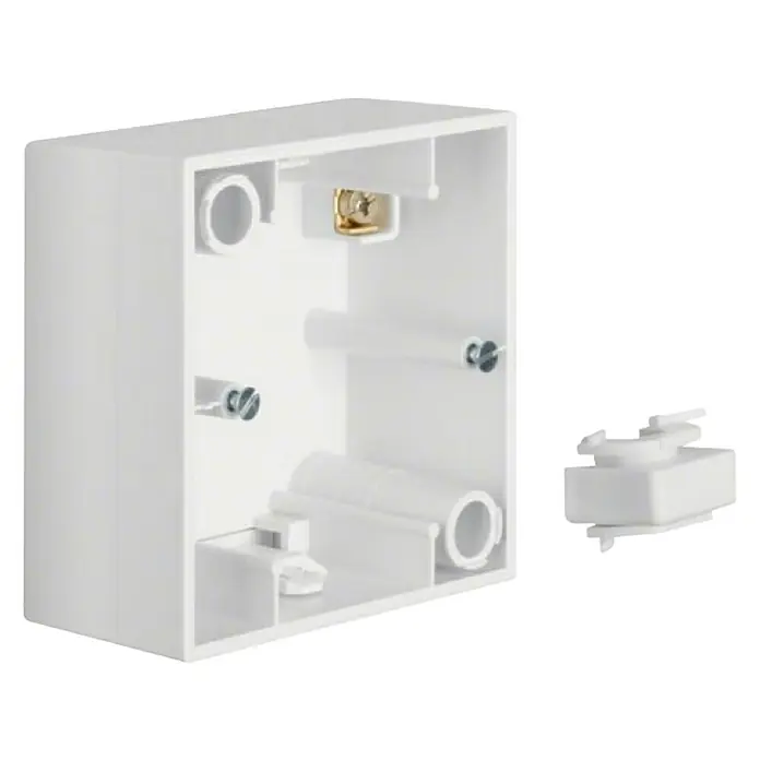 Berker S.1 Aufputzgehäuse 10418989 - Polarweiß, 1-fach, Kunststoff, Aufputzmontage - Ein weißer, leerer Unterputzkasten mit Rohrstutzen und einer separaten Abdeckung zur Installation elektrischer Leitungen in Innenräumen.