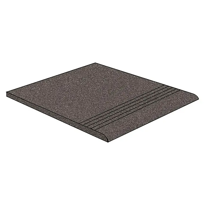Stufen- & Abdeckplatte Elba - 30 x 30 cm, Anthrazit, Matt - Nahaufnahme einer quadratischen, strukturierten Bordsteinkante mit abgerundeter Kante und parallelen Rillen.