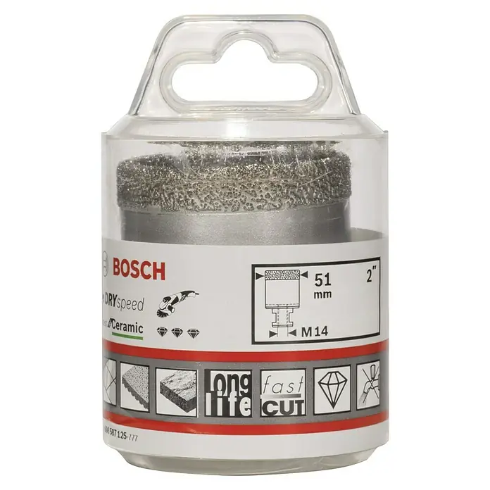 Bosch Broca diamantada para perforación en seco Dry Speed - Diámetro: 51 mm - Imagen de una sierra de corona Bosch Dry Speed Ceramic en un envase transparente, ideal para cortes limpios en cerámica.