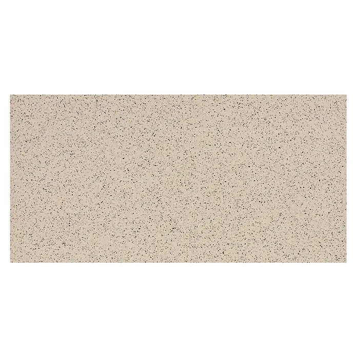 Feinsteinzeugfliese Pompei - 30 x 60 cm, Sand, Matt - Eine Nahaufnahme einer Küchenarbeitsplatte mit cremefarbener Oberfläche und kleinen dunklen Sprenkeln, die eine elegante und robuste Textur erzeugen.