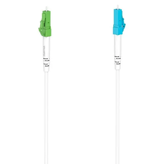 Hama Glasfaser-Netzwerkkabel - 9 m, Weiß, LC/APC-Stecker, LC/UPC-Stecker, Bis zu 10 Gbit/s - Zwei weiße Glasfaser-Patchkabel mit grünen und blauen LC-Steckern.