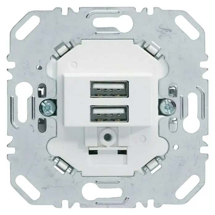 Berker USB-Steckdose 260209 - Polarweiß, Matt, Unterputzmontage - Nahaufnahme einer weißen USB-Wandsteckdose mit Metalleinfassung, ideal zum Laden elektronischer Geräte.