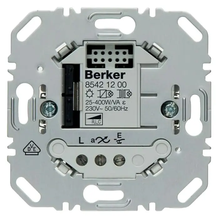 Berker Dimmer-Einsatz 85421200 - Passend für: Dimmbare 230 V LED-Lampen von 5 - 70 W - Nahaufnahme einer Berker 8542 12 00 Dimmer-Einbaubaugruppe, die Details zu Anschlüssen, Spezifikationen und Zertifizierungen zeigt.