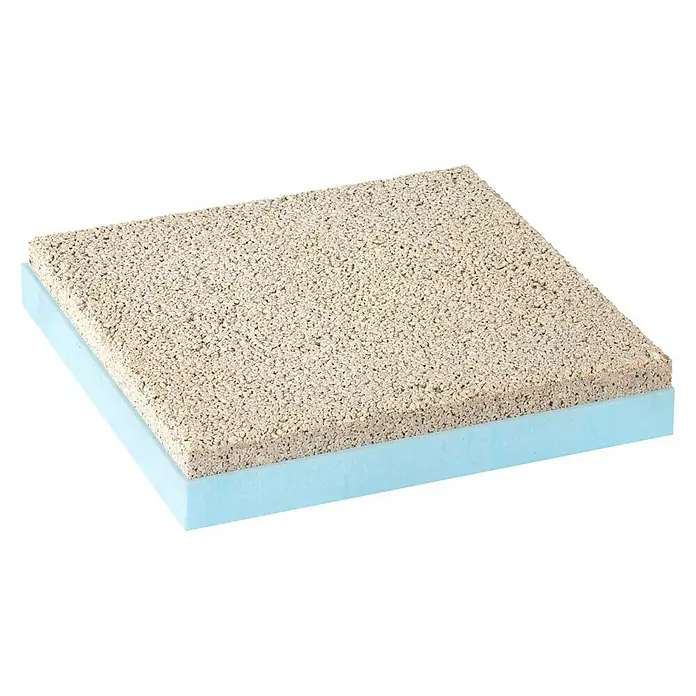 Danosa Losa de hormigón con aislante EPS - L x An x Es: 50 x 50 x 9,5 cm, Blanco, Hormigón poroso - Primer plano de un panel aislante con una capa de material poroso beige sobre una capa de espuma azul.