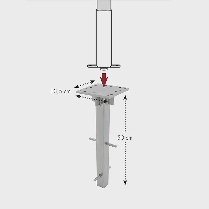 Doppler Bodenanker - Passend für: Rohrdurchmesser: 6,5 cm - Illustration eines Fundamentpfostens mit Maßangaben.