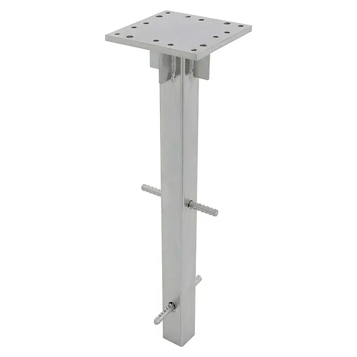 Doppler Bodenanker - Passend für: Rohrdurchmesser: 6,5 cm - Aufnahme mit einer Aluminium-Stützstruktur, bestehend aus einer quadratischen Basis und einem Ständer, der mit Befestigungen ausgestattet ist.