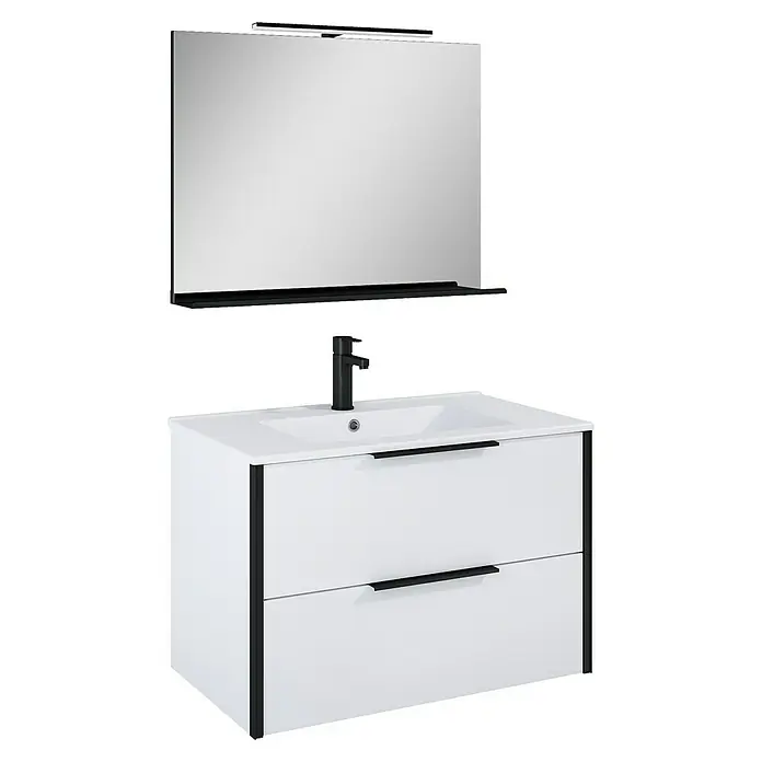 Badmöbel-Set Style - Gesamtbreite Badmöbel: 81,5 cm, Weiß - Waschbeckenunterschrank mit zwei Schubladen, einem Aufsatzwaschbecken und einem Spiegel mit Beleuchtung für ein modernes Badezimmer.