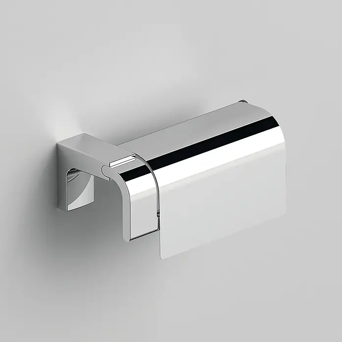 Creabath Elegance Portarrollos papel higiénico - Cromo - Primer plano de un brillante portarrollos de papel higiénico cromado montado en una pared clara.