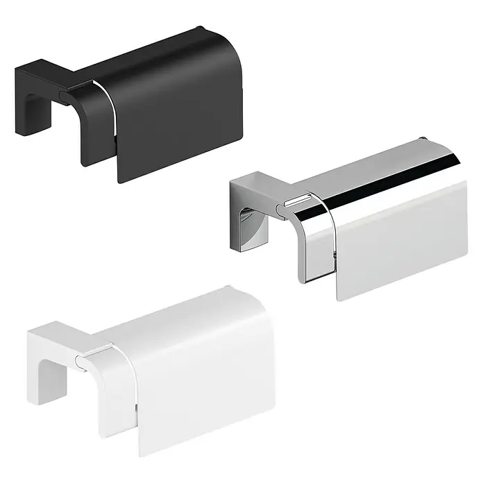 Creabath Elegance Portarrollos papel higiénico - Cromo - Imagen del producto de las piezas finales del cabezal de ducha en negro, cromo y blanco. Las piezas finales de metal tienen una forma redondeada.