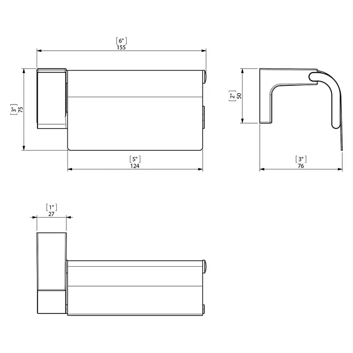 Creabath Elegance Portarrollos papel higiénico - Cromo - Dibujo técnico de un producto con dimensiones en pulgadas y milímetros, presentado de forma detallada y precisa.