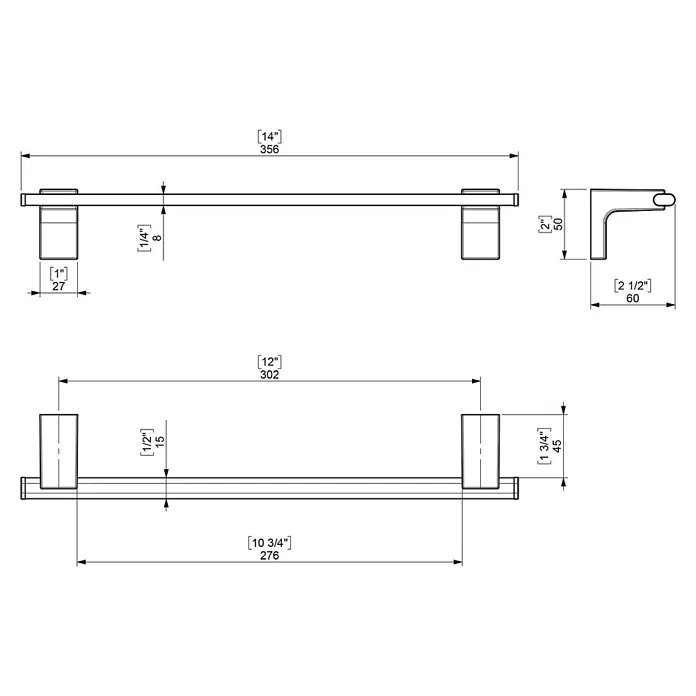 Creabath Elegance Toallero de barra - Largo: 35,6 cm, Negro - Boceto de un toallero con dimensiones en pulgadas y milímetros para detalles técnicos.