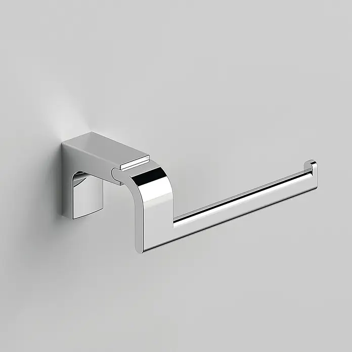 Creabath Elegance Portarrollos papel higiénico - Sin tapa, Cromo - Un elegante portarrollos de papel higiénico cromado montado en una pared gris claro, que muestra un diseño moderno y minimalista para baños.