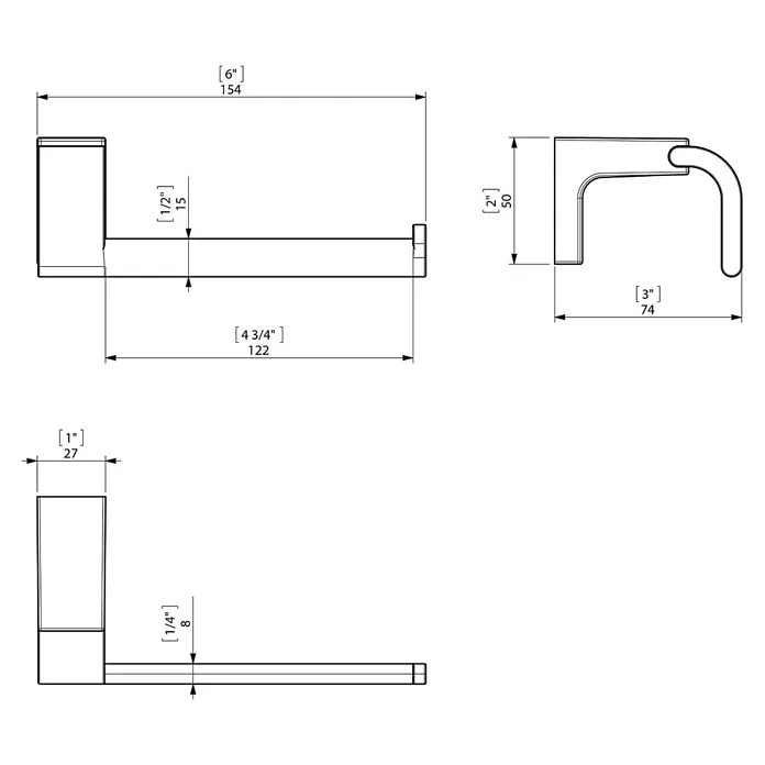 Creabath Elegance Portarrollos papel higiénico - Sin tapa, Negro - Dibujo técnico de un moderno portarrollos de papel higiénico con dimensiones en pulgadas y milímetros para diseño y construcción.