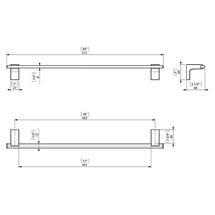 Creabath Elegance Toallero de barra - Largo: 51,1 cm, Blanco - Diagrama detallado de un toallero con medidas exactas.