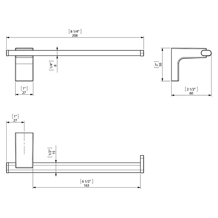 Creabath Elegance Toallero de barra abierto - Largo: 20,8 cm, Cromo - Descripción del producto: Un dibujo técnico detallado de un moderno portarrollos de papel higiénico con medidas precisas.