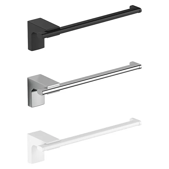 Creabath Elegance Toallero de barra abierto - Largo: 20,8 cm, Cromo - Representación de tres toalleros en negro, cromo y blanco, que se distinguen por su diseño moderno.