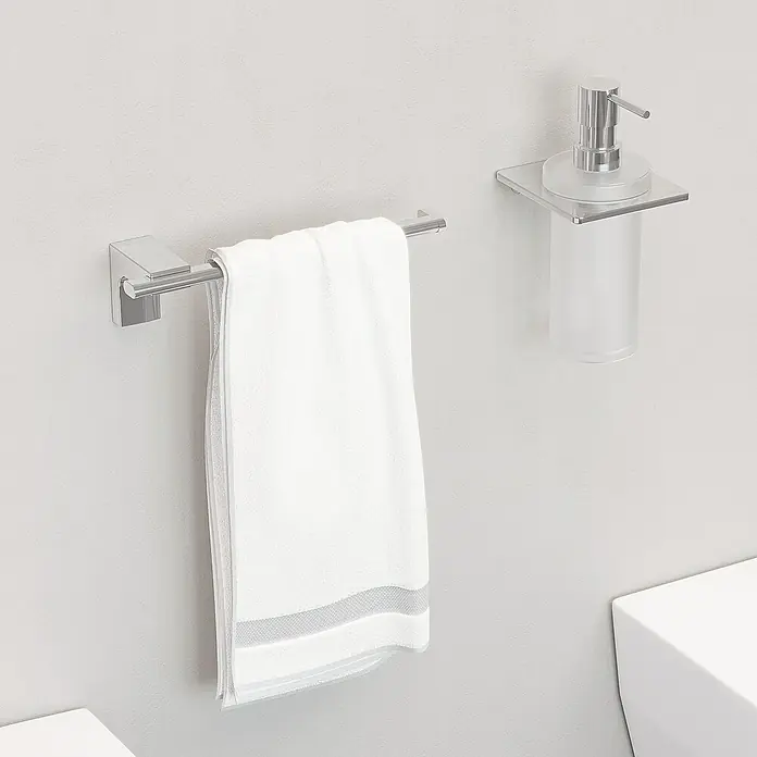 Creabath Elegance Toallero de barra abierto - Largo: 20,8 cm, Cromo - Toallero con toalla y dispensador de jabón en la pared.