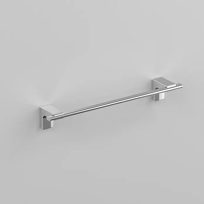Creabath Elegance Toallero de barra - Largo: 35,6 cm, Cromo - Un toallero cromado moderno y brillante montado en una pared gris. El accesorio muestra un diseño minimalista y elegante.