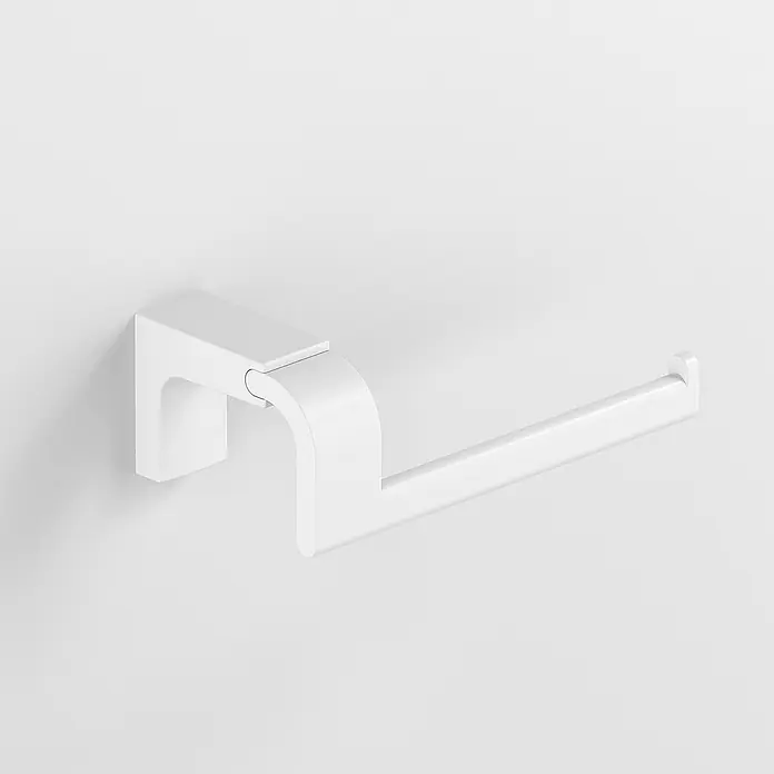 Creabath Elegance Portarrollos papel higiénico - Sin tapa, Blanco - Un portarrollos de papel higiénico minimalista de metal blanco, montado en una pared blanca, ofrece un diseño elegante y moderno.